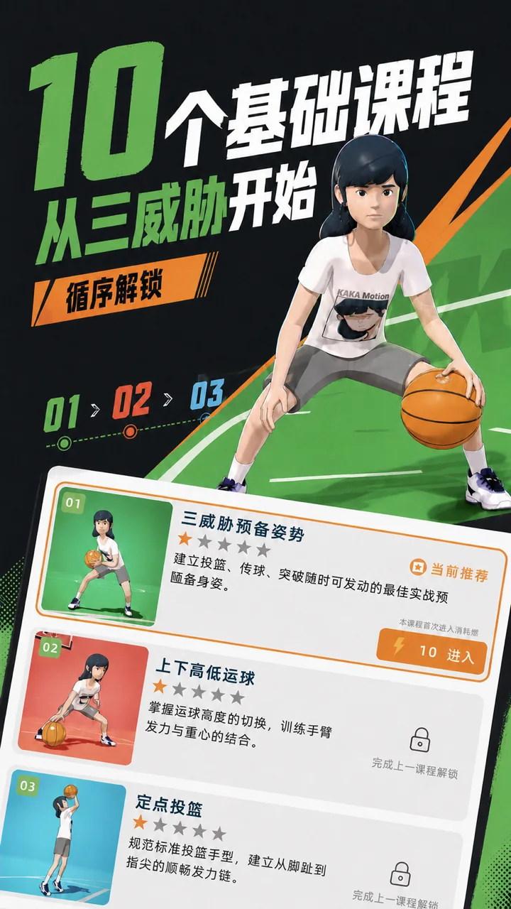 10 个基础篮球课程，按顺序逐步解锁